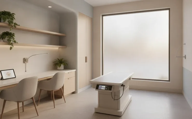 A modern veterinary clinic exam room with serene and airy lighting