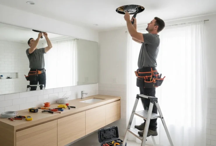 Licensed electrician installing a bathroom exhaust fan in a bright renovated bathroom