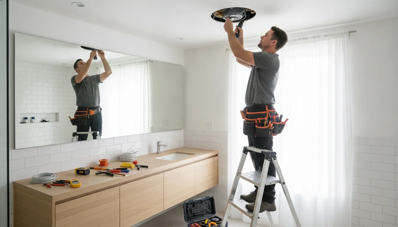 Licensed electrician installing a bathroom exhaust fan in a bright renovated bathroom