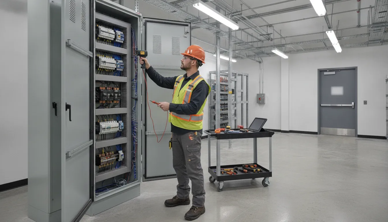 Commercial electrician inspecting an electrical panel during preventive maintenance in a Portland office building