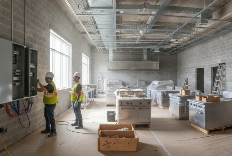 Electricians installing conduit and panel during a commercial restaurant build-out