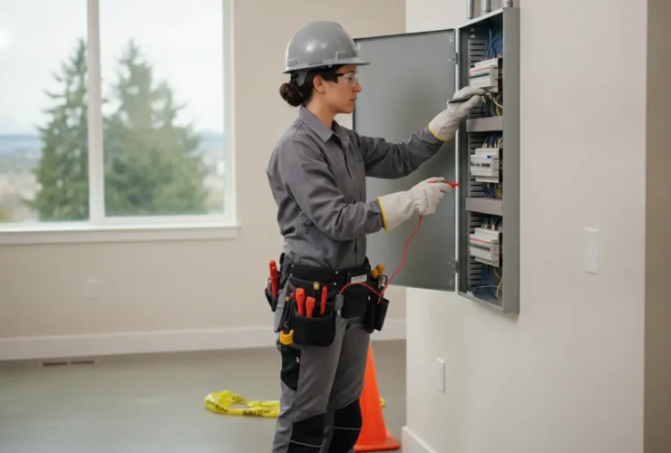 Professional electrician inspecting an electrical panel in a Portland home during a safety evaluation