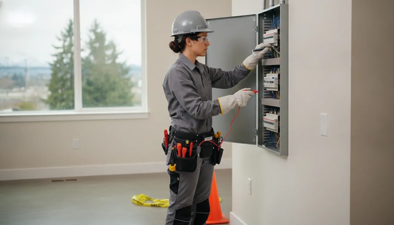 Professional electrician inspecting an electrical panel in a Portland home during a safety evaluation