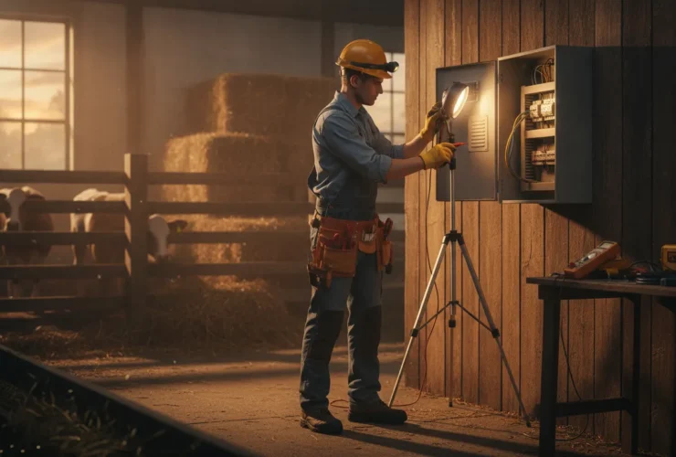 Electrician inspecting an electrical panel in a farm barn