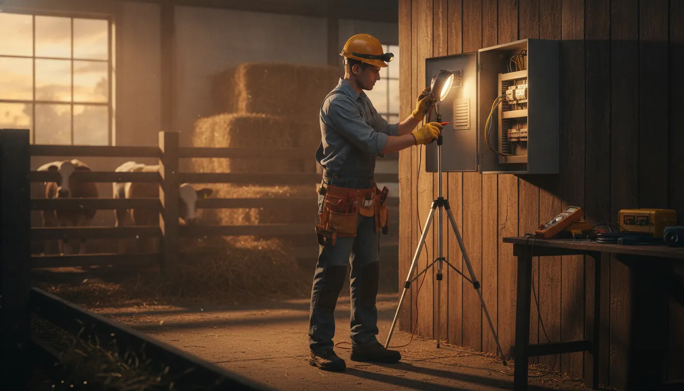 Electrician inspecting an electrical panel in a farm barn