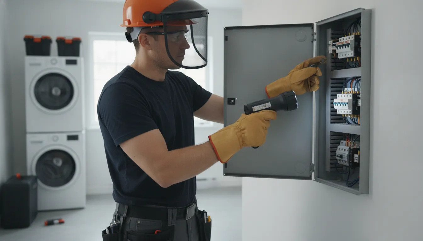 Licensed electrician inspecting a residential electrical breaker panel