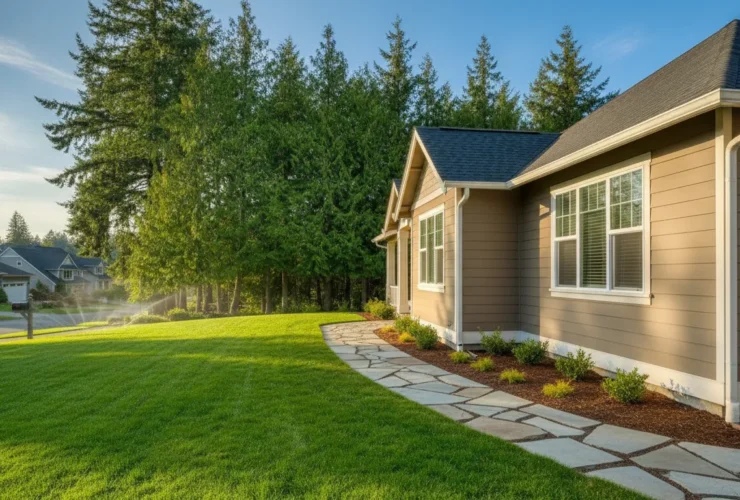 Side of a Portland home with a paved walkway and green lawn, sunny afternoon with blue sky and tall evergreen trees